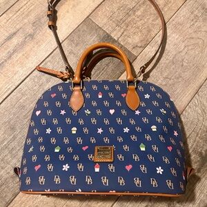 Dooney & Bourke Navy Brown Cupcakes Hearts Gretta Flower Leather Satchel Purse